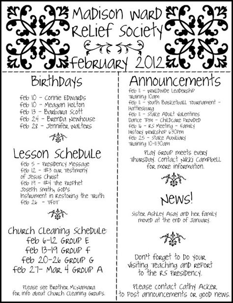 Relief Society Template  Get Relief Society Ideas at - www.MormonLink.com  "I cannot believe how many LDS resources I found... It's about time someone thought of this!"   - MormonLink.com Relief Society Presidency Meeting Agenda Free Printables, Relief Society Newsletter Ideas, Relief Society Bulletin Board Ideas 2023, Relief Society Ideas, Relief Society Newsletter, Newsletter Sample, Relief Society Visiting Teaching, Visiting Teaching Handouts, Church Newsletter