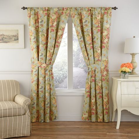 Drape Reference, Waverly Curtains, Floral Drapes, Room Darkening Ideas, French Country Fabric, Country Fabric, Decorative Curtain Rods, Cottage Living Room, Grey Panels