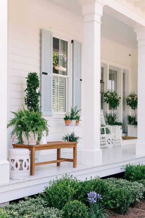 Exterior House Shutters: Ideas and Inspiration | Hunker Front Porch Design Ideas, Porch Design Ideas, Front Porch Makeover, Porch Remodel, Building A Porch, Porch Columns, Front Porch Design, Porch Makeover, Farmhouse Landscaping