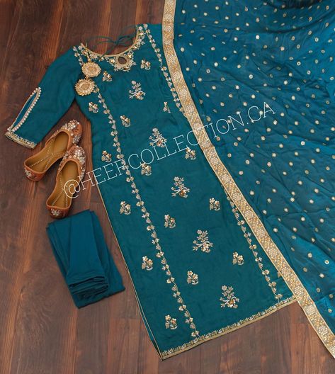 Heer Collection by Aman Gill on Instagram: “Teal handwork pajami suit with cutout arms and sequins work Dupatta. How to order/ inquiries: DM, text or email us. Customization: this…” Heer Collection Suits, Heer Collection, Embroidery Fashion Detail, Desi Wedding Dresses, Suits Design, Punjabi Suit, Embroidery Suits Design, Boutique Dress Designs, Desi Wedding