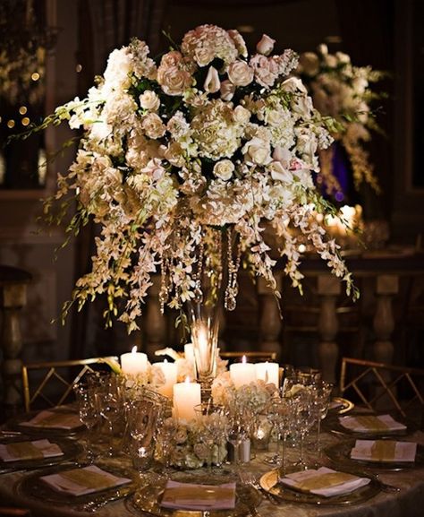 Wedding Flowers Tall Centerpieces, High Center Piece Wedding, Large Wedding Centerpieces, Large Floral Centerpieces, Drooping Flowers, Romantic Candle, Tall Centerpiece, Elegant Wedding Centerpiece, Tall Wedding Centerpieces