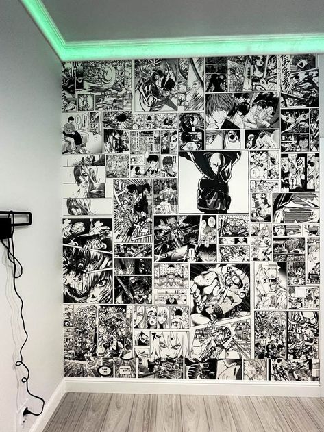 Manga On Wall Room, Anime Wall Design, Anime Wall Posters Bedroom, Anime Poster Ideas For Bedroom, Anime Bedroom Wallpaper, Manga Room Ideas, Manga Wall Bedroom, Anime Wall Art Bedroom, Anime Room Ideas Bedrooms