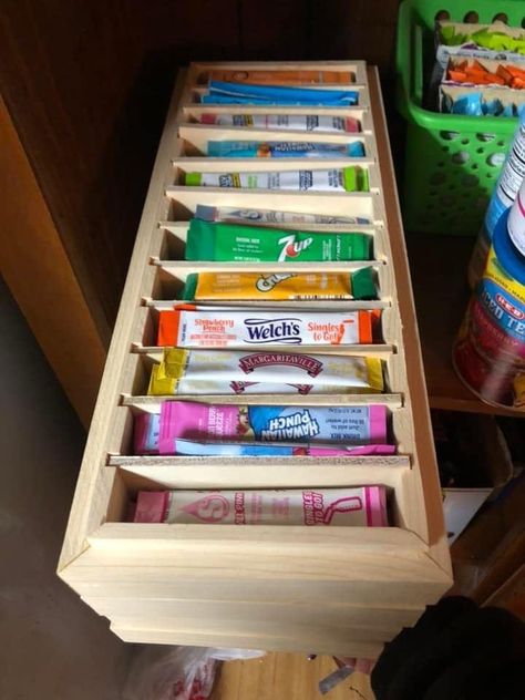 Water Flavor Packet Organization, Water Bar Ideas For Kitchen, Drink Syrup Organization, Drink Mix Storage Ideas, Loaded Tea Organization, Drink Mix Packet Storage, Water Flavor Packet Storage, Powder Drink Mix Storage, Water Flavor Packets Storage Ideas