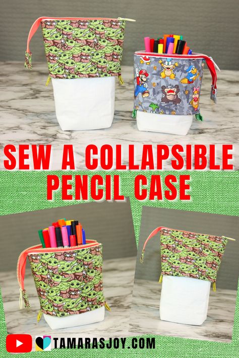 Use this tutorial to sew a simple collapsible pencil case to use as a gift or keep for your own art supplies. This pencil case is a unique design that anyone will enjoy using. This is a good beginner sewing project to learn how to add zippers to things. Bag Sewing Ideas, Standing Pencil Case, Sewn Accessories, Things To Make To Sell, Sewing Projects To Sell, Pencil Case Tutorial, Pencil Case Sewing, Pencil Case Pattern, Easy Sewing Projects For Beginners