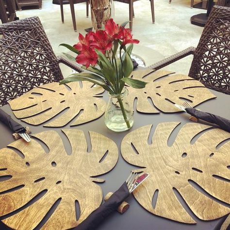 Wooden Table Placemats, Place Mats For Wooden Table, Laser Cut Table Runner, Place Mats, Wooden Leaf Decor, Monstera Wood Decor, Rustic Placemats, 3d Cnc, Laser Engraved Ideas