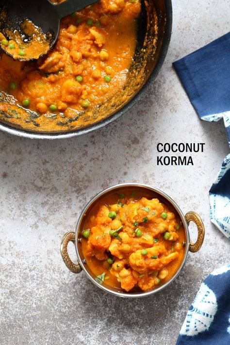 Coconut Korma Sauce with Cauliflower, Potato, Chickpeas. Veggie Kurma Recipe - Vegan Richa Coconut Korma, Vegetarian Korma, Korma Sauce, Vegetable Korma, Indian Sauces, Kurma Recipe, Peanut Curry, Cauliflower Potatoes, Vegan Indian Recipes