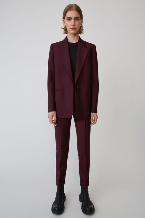 Womens Prom Suits, Burgundy Suit Women, Fancy Attire, Cuffed Trousers, Single Breasted Suit, Denim Coat Women, Burgundy Blazer, Purple Suits, Burgundy Suit