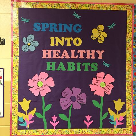 My spring bulletin board Recreation Bulletin Board Ideas, Bulletin Board Work Offices, Spring Cafeteria Bulletin Boards, Spring Into Healthy Habits Bulletin, Lunch Boards, Cafeteria Bulletin Boards, Unique Bulletin Board Ideas, Cafeteria Decor, April Bulletin Boards