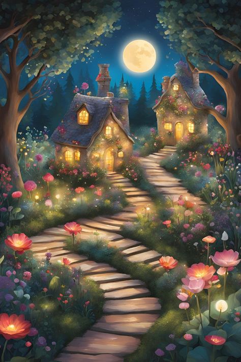 Enchanted fairy garden scene at night with illuminated cottage windows, stone pathway, pink flowers, and full moon against dark blue sky Backyard Fairy Garden, Nighttime Garden, Enchanting Backyard, Fairy Cottages, Enchanted Fairy Garden, Fairy Garden Cottage, Fairy Garden Ideas, Enchanted Fairy, Enchanted Fairies