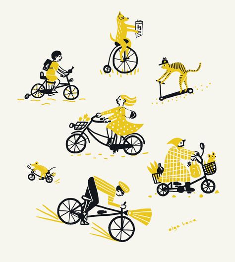 Bikes and Cyclists Cycling Artwork, Cycle Drawing, Bicycle Illustration, Illustrator Artwork, Bike Drawing, Bike Illustration, Simple Character, City Illustration, Cycling Art