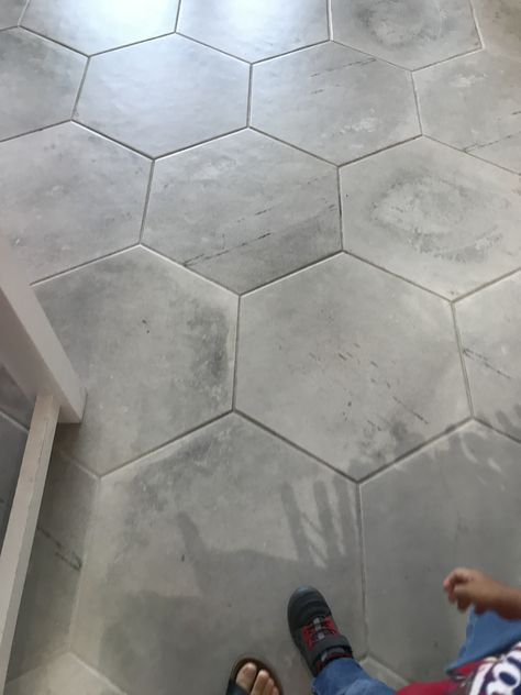 Large Hexagon Tile. Versatile can go for the look of any farmhouse or modern. Full House Tile Floor, Concrete Hexagon Tile Floor, Large Room Tile Floor, Large Hex Tile Floor, Large Octagon Tile Bathroom, Hexagon Tile Living Room, Large Hexagon Tile Floor Kitchen, Modern Tile For Kitchen Floors, Mudroom Tile Floor Ideas Farmhouse