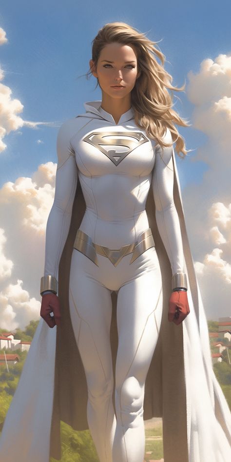 Created with Midjourney Ai #Artwork #Character #Fantasy #Anime #cartoon #cyberpunk Super Hero Female Costumes, Female Superhero Poses Reference, Cool Female Character Designs, Super Girl Art, Super Hero Women, Cartoon Cyberpunk, Female Comic Characters, Superman Artwork, Supergirl Costume