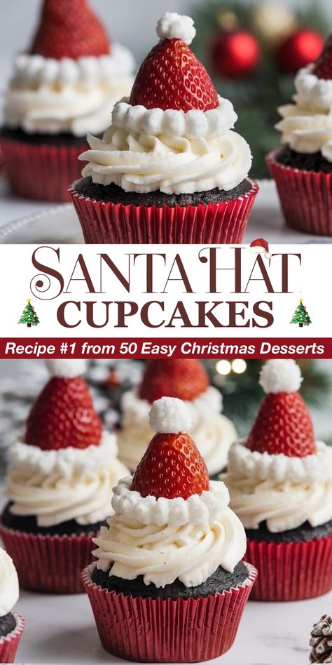 50 Easy Christmas Desserts: Recipes for Festive Treats, Cookies & Sweets Christmas Food To Bring To Party, Santa Hat Cupcakes, Simple Christmas Cupcakes, Christmas Food Ideas Dessert, Christmas Dessert Ideas For Party, Christmas Eve Desserts, Christmas Deserts Easy Simple, Christmas Cupcakes Ideas, Cupcakes Holiday