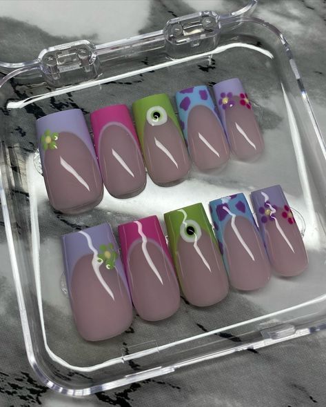 Monsters Inc 💜 Sets available on Depop Kits include everything needed for a successful application 💅🏼 #monstersinc #disney #monstersincnails #colorfulnails #naildesign #nailaddict #disneygram #nailsnailsnails #nails2inspire #mediumnails #frenchtipnails #cutenails Sully Nails Monsters Inc, Monsters Inc Nail Art, Monster Inc Nails, Monster High Nails, Sully Monsters Inc, Monster Inc, Halloween 3d, French Tip Acrylic Nails, Short Nails Art