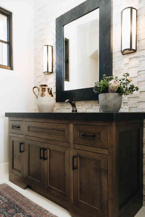 Bathroom Tile With Dark Cabinets, White Bathroom With Dark Vanity, Bathroom With Wooden Cabinets, Neutral Rustic Bathroom, Dark Granite Countertops Bathroom Master Bath, Bathroom Ideas Dark Countertop, Counter Cabinet Bathroom, Dark Bathroom Vanity Countertops, Bathroom Vanity Dark Counter