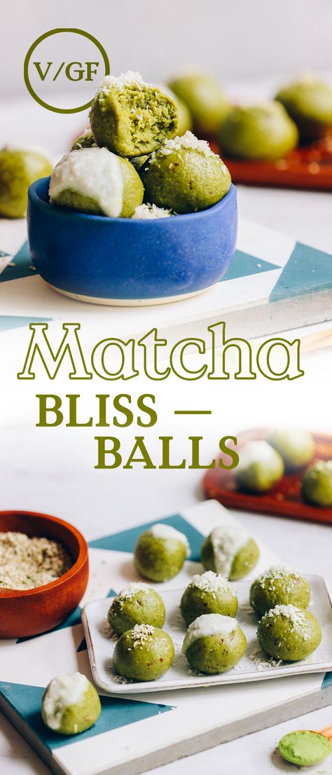 AMAZING Matcha Bliss Balls! Low sugar, date-sweetened, grain-free, plant-based, 8 ingredients, 1 food processor, 20 minutes! #snack #matcha #plantbased #vegan #glutenfree #minimalistbaker #recipe Matcha Bliss Balls, Earthy Meals, Matcha Food Recipes, Raw Balls, Sweet Matcha, Barbecued Chicken, Matcha Recipes, Eggplant Lasagna, Baked Carrots