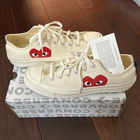 Brand New With Tags And Receipt, Off White Converse Low Tops X Cdg Play Heart! Slightly Too Big For Me, Just Trying To Get My Size Off White Converse, Cdg Converse, Cdg Play, Converse Low, Play Converse, Converse Comme Des Garcons, Converse Play, Black High Top Converse, Garcons Converse