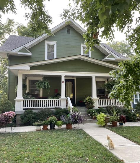 Our Old House | In my 64 years, I’ve only been a homeowner once Cozy Home Outside, White And Green House, Olive Green House, Small Cozy Home, Green Home Exterior, San Sequoia, Craftsman Bungalow Exterior, Craftsman House Designs, Green Exterior House Colors