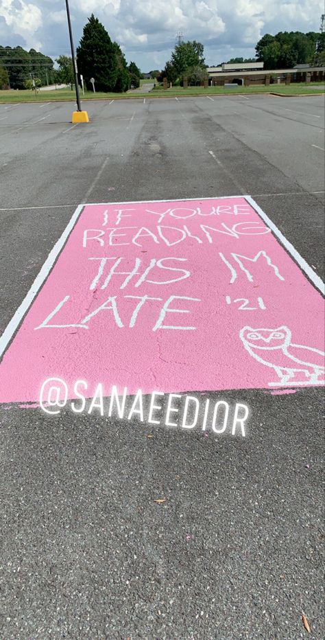 Parking Spot Painting High School Pink, Highschool Parking Spot Ideas Funny, Senior Parking Space Ideas 2023, Parking Spot Painting Ideas, Highschool Parking Spot Ideas, Funny Senior Parking Space Ideas, Painted Parking Spots Senior, Painted Parking Spaces Ideas, Senior Spots