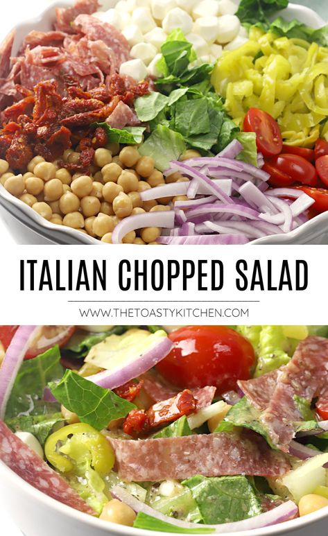 Italian Chopped Salad recipe - by The Toasty Kitchen #italianchoppedsalad #italiansalad #choppedsalad #homemade #sidedish #maindish #bigsalad #chickpeas #salami #freshsalad #recipe Salad To Go With Italian Dinner, Salads To Go With Pasta, Side Salad For Pasta Dinner, Summer Tossed Salad Recipes, Salads For Parties Entertaining, Italian Tossed Salad Recipes, Salad Recipes For Dinner Party, Italian Salads For Parties, Side Salads For Dinner