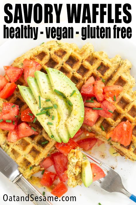 NEED A NEW HEALTHY BREAKFAST IDEA? This savory + healthy waffle recipe is made with shredded zucchini. Made with garbanzo bean flour and flax eggs, these are #Vegan and #glutenfree. Topped with juicy diced tomatoes + avocado. #Waffles | #GlutenFreeBreakfast | #VegetarianBreakfastIdeas | #VeganBreakfastRecipes | #VegetarianRecipes | #HealthyRecipes at OatandSesame.com #oatandsesame Avocado Waffles, Healthy Waffle Recipe, Healthy Waffle, Zucchini Waffles, Savory Waffle Recipe, Waffle Recipe Healthy, Flax Eggs, Healthy Breakfast Idea, Garbanzo Bean Flour