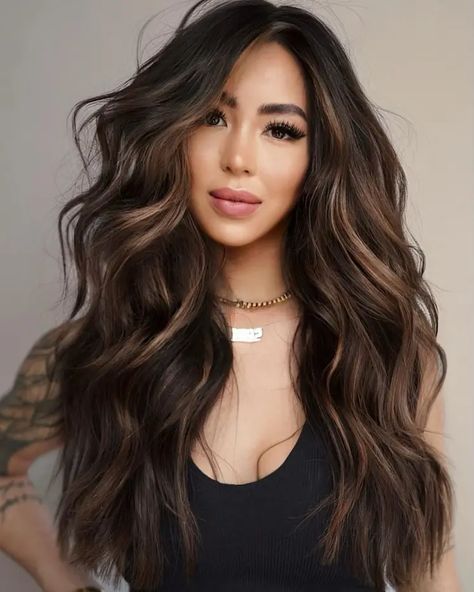 Volumizing Haircuts For Medium Length Hair, Brunette Hair With Subtle Highlights, Lighter Brown Hair Color, Lighter Brown Hair, Dark Fall Hair Colors, Dark Fall Hair, Fall Hair Color Ideas, Haircut Inspo, Dark Brunette Hair