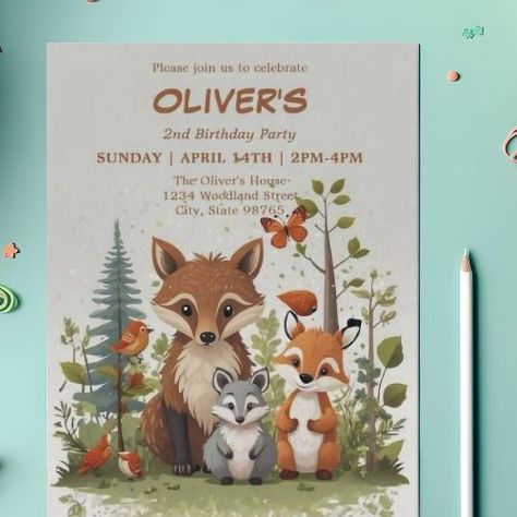 Watercolor Woodland Animals Greenery 2nd Birthday for $2.87 - Birthday Invitations Watercolor Woodland Animals, Digital Invitations Design, Woodland Animals Theme, Watercolor Woodland, Animals Watercolor, Watercolor Forest, Colorful Invitations, 2nd Birthday Invitations, Forest Theme