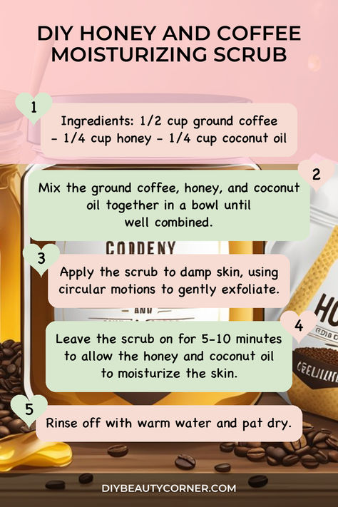 DIY Honey and Coffee Moisturizing Scrub Diy Exfoliating Face Scrub, Coffee Scrub Recipe, Homemade Coffee Scrub, Benefits Of Honey, Diy Honey, Coffee Scrub Diy, Homemade Skincare, Coffee Scrubs, Body Scrub Recipe