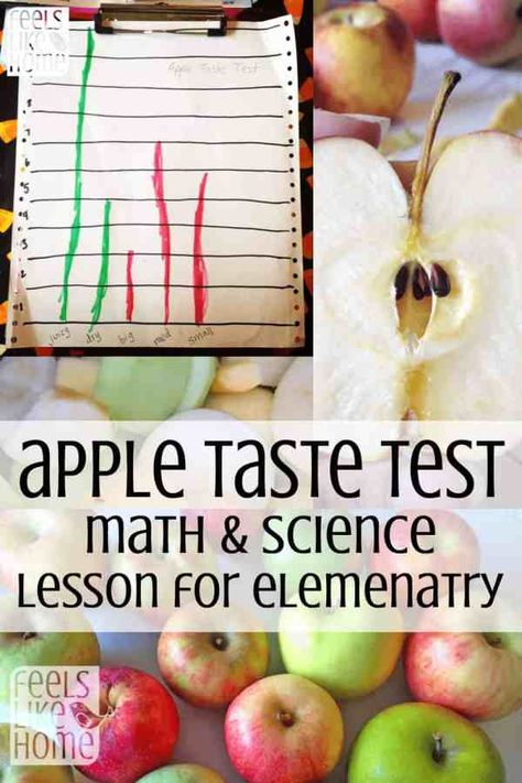 Apple Taste Test Activity - Elementary Math & Science Lesson & Experiments for Kids - Ideas and activities include graphing and recording characteristics. Would be great for preschool, kindergarten, or early elementary children. Includes fun and yummy tips and a recipe for homemade crock pot applesauce to use up the apples when you're done. Great for learning about the scientific method and making charts and graphs. Suitable for home, homeschool, or classroom. #kidsactivities #howtohomeschool #h Apple Taste Test, Crock Pot Applesauce, Homeschool Science Lessons, Creative Math, The Scientific Method, Experiments For Kids, Homeschool Board, Math Activities For Kids, Science Lesson