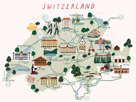 Illustration - Making Pictures Switzerland Map Illustration, Switzerland Drawing, Switzerland Illustration, Switzerland Map, Sport Editorial, Switzerland Tour, Illustration Editorial, The Grand Tour, Map Illustration