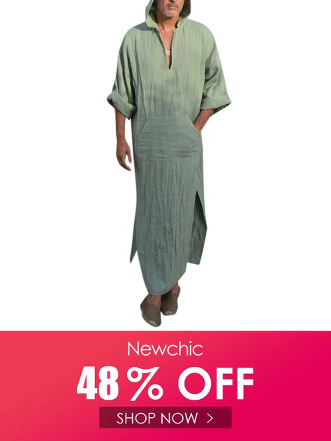 Visit Newchic to receive your new user US$60 gift! Get free shipping and a 14 days return or refund guarantee. @Newchic, your first choice for online shopping Mens Kaftan, Arabic Kaftan, Long Robes, Linen Robe, Split Long Dress, Hooded Robe, Linen Loungewear, Dress Appropriately, Islamic Clothing