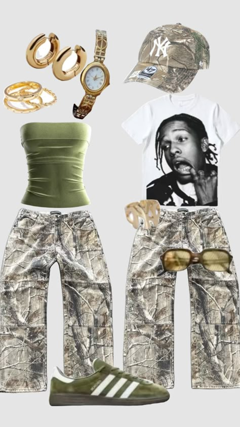 #ahs #ahsstyle #americahighstreet #clothing #fashion #clothesinspo #outfitinspo #fashioninspo #outfitideas #outfitsoftheday #streetwear #jewellery #ahsfashion #gold #y2k #90s #camo #green #adidas #ny Clothes To Buy On Shein, Summer Streetwear Outfits, 90s Hip Hop Outfits, Tyler The Creator Concert, Olive Outfit, Tyler The Creator Outfits, Y2k Inspired Outfit, Ahs Style, Street Style Outfits Casual