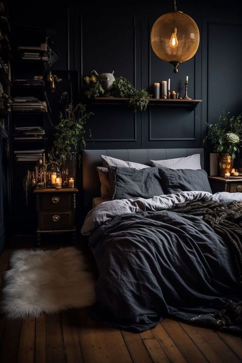 Dark Boho Bedroom Design Ideas - Cozy, Chic, and Eclectic Inspirations Goth Bedroom Ideas, Dark Bedroom Aesthetic, Dark Cozy Bedroom, Dark Bedding, Goth Bedroom, Gothic Bedroom, Moody Bedroom, Dark Bedroom, Dark Home Decor