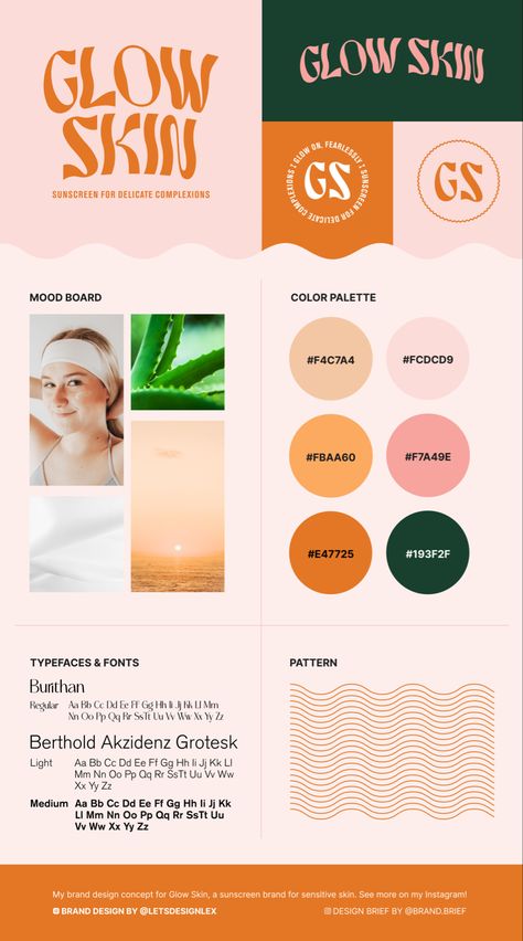 A mood board of a brand design concept for Glow Skin, a sensitive skincare brand. The brand uses wavy textures and pink, orange, and green colors. This is part of a brand brief. Product Packaging Photography, Brand Brief, Sunscreen Packaging, Skincare Sunscreen, Packaging Photography, Premade Branding Kit, Design Brief, Typeface Font, Glow Skin