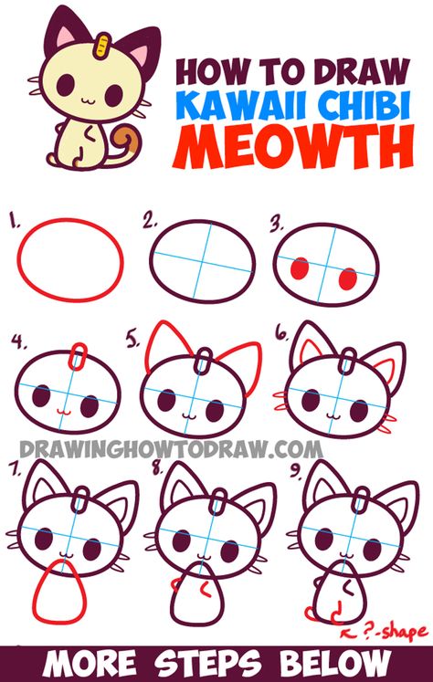 How to Draw Kawaii Chibi Meowth from Pokemon - Simple Drawing Tutorial Simple Drawing Tutorial, Draw Kawaii, How To Draw Steps, Kawaii Chibi, Happy Drawing, Kawaii Doodles, Pokemon Drawings, Chibi Drawings, Cute Easy Drawings