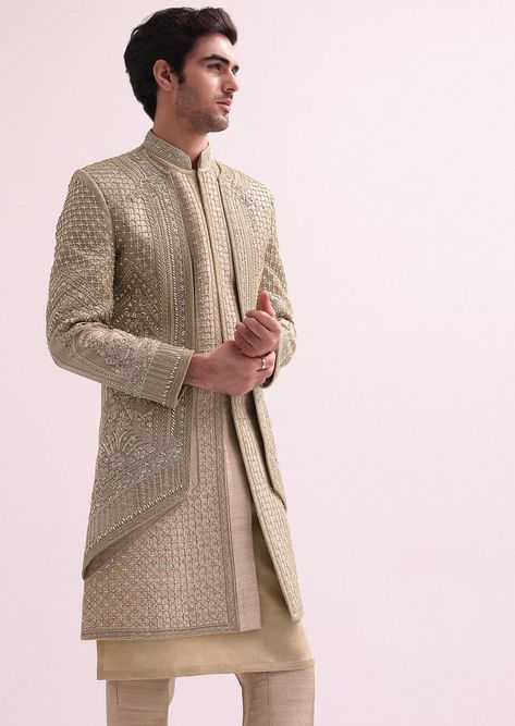 Beige Double Layered Raw Silk Sherwani Set Sherwani For Men Engagement Indian Groom, Wedding Outfit Groom Indian, All Beige Outfit Men, Indian Fashion For Men, Men Sherwani Designs Style, Wedding Dresses Men Indian Style, Indian Wedding Men Outfits, Mens Groomsmen Outfits, Sherwani Groom Wedding Royals