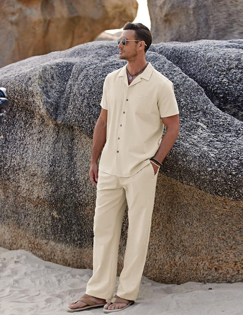 Men 2 Piece Linen Outfit Beach Button Down Shirt Casual Loose Pant Sets Linen Outfit Beach, Linen Outfits For Men, Italy Spring, Linen Outfit, Pant Sets, Linen Style, Loose Pants, Beach Shirts, Pocket Pants