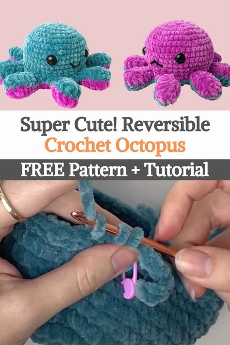 Crochet Reversible Toy Free Pattern, Diy Reversible Octopus, Crochet Reversable Octopus, Reversable Octopus Crochet Pattern, Crochet Patterns Stuffed Animals Easy, Small Crochet Amigurumi Animals, Small Knitted Animals, Small Crochet Projects Animals, Small Crocheting Projects