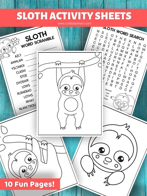 Sloth Coloring Page And Activity Pack - Craft Play Learn #coloringpages #actiivtysheets #preschoolactivities Sloth Birthday Party Games, Sloth Party Games, Slowly Slowly Said The Sloth Activities, Sloth Craft Preschool, Sloth Classroom Theme, Sloth Activities, 2s Classroom, Sloth Crafts, Sloth Craft