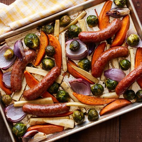 Sheetpan Sausage Supper by Ree Drummond Sheet Pan Sausage, Ree Drummond Recipes, Seasoned Veggies, Italian Sausage Recipes, Sheet Pan Suppers, Dump Dinners, Supper Ideas, Pan Meals, Pan Recipes