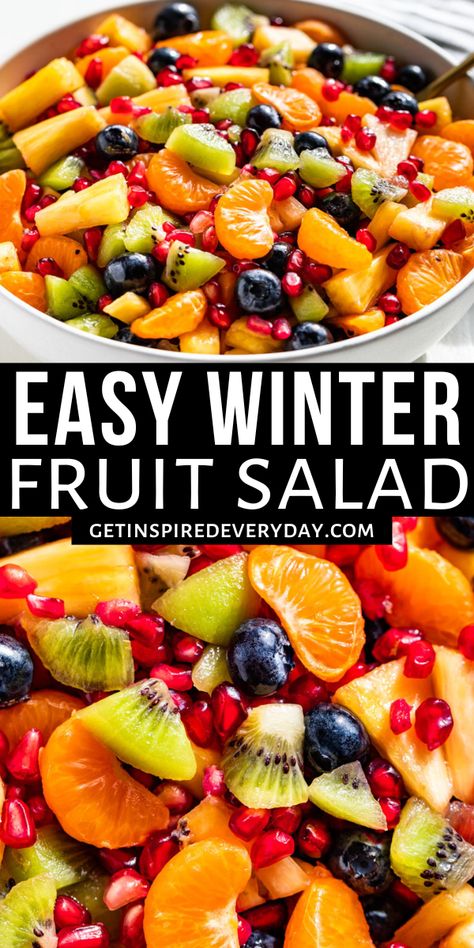 This Winter Fruit Salad is super fresh, juicy, and tossed with a honey lime dressing that makes it irresistible! Deep into the winter months, there’s still plenty of fruit ‘in season’ so to speak for all those fresh produce cravings. Sweet pineapple combines together with kiwi and mandarin oranges, with a bright pop of juicy pomegranate arils, and some optional blueberries. It’s perfect alongside so many recipes for brunch, potlucks, and holiday meals as well. Recipes For Brunch, Christmas Fruit Salad, Winter Fruit Salad, Easy Fruit Salad Recipes, Winter Salad Recipes, Honey Lime Dressing, Fruit Salad Easy, Mandarin Oranges, Winter Fruit