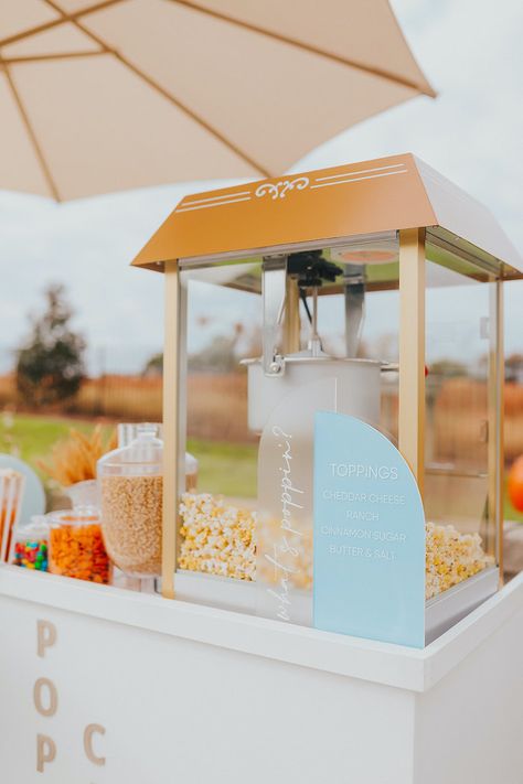 Fall Carnival Birthday Party, Food Pop Up, Popcorn Stand Ideas, Fall Carnival Ideas, Bounce House Birthday Party Ideas, Kids Events Ideas, Snack Carts, Fall Themed Desserts, Candy Station Wedding