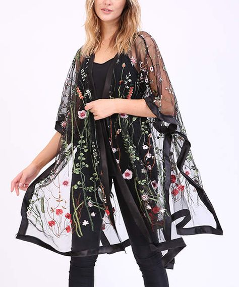 Black Floral Embroidered Sheer Kimono - Women & Plus #affiliate Outer Tulle, Dress Over Pants, Flower Kimono, Kimono Outfit, Embroidered Kimono, Sheer Kimono, Causual Outfits, Sheer Fabrics, Elegant Dresses