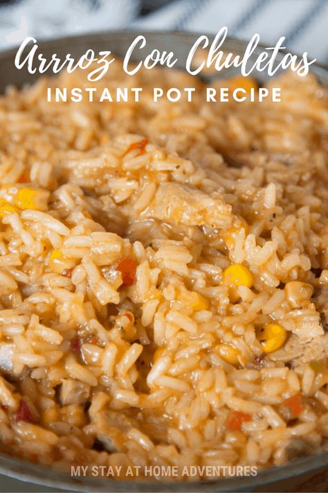 Learn how to make this one-pot Instant Pot Rice with Pork Chops recipe or Puerto Rican Arroz con Chuletas. A fast meal and easy to make. #instantpot #puertoricanrice via @mystayathome Instant Pot Pork Chop Recipes, Rice With Pork Chops, Pork Chop Meals, Pressure Cooker Pork Chops, Rice With Pork, Instant Pot Rice, Pressure Cooker Pork, Pork Chops And Rice, Instant Pot Pork Chops