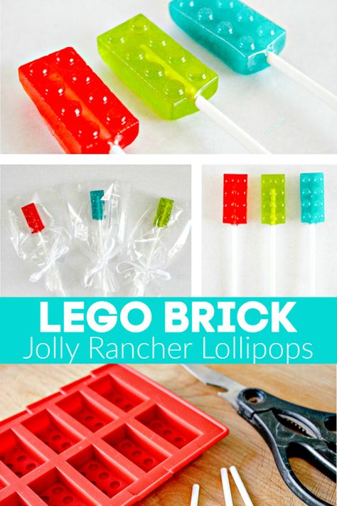 How to make homemade LEGO brick Jolly Rancher lollipops Jolly Rancher Suckers, Lego Molds, Jolly Rancher Lollipops, Lollipops Diy, Lego Food, Lego Candy, Homemade Lollipops, Lollipop Recipe, Lego Themed Party