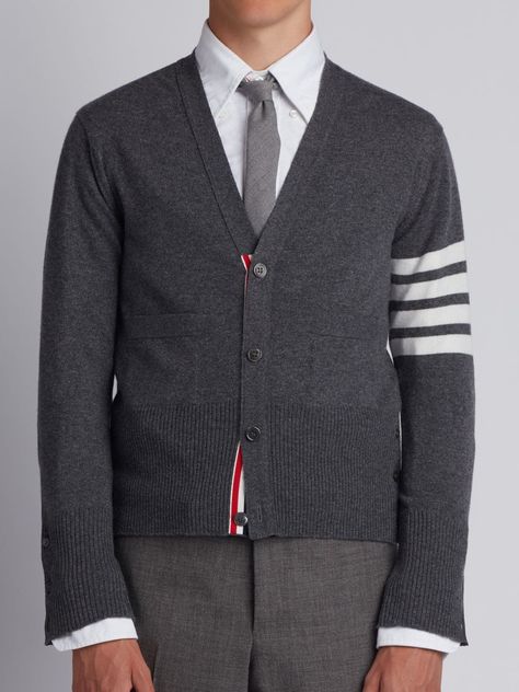 Thom Browne Cardigan, Bohemia Style, Cardigan Outfits, Striped Sleeve, V Neck Cardigan, Cashmere Cardigan, Thom Browne, Cut And Style, White Stripe