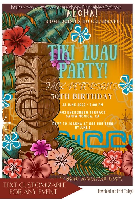 Make your next Luau special by customizing your very own invitations. This fun and festive invitation will surely get compliments from your guests. This template is editable online via CANVA.COM. No software needed.               15% off with code: SAV15                                      #tikibar #invitation #celebration #summervibe #birthday #tikilifestyle #discount #sale #party #partyideas Tiki Party Invitation, Hawaiian Luau Party Invitations, Luau Themed Party, Hawaiian Invitations, Luau Party Invitations, Luau Birthday Invitations, Luau Theme Party, Hawaiian Luau Party, Luau Theme