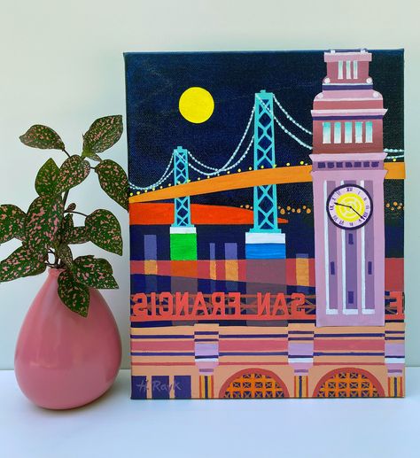 An acrylic collage painting of the Ferry Building in San Francisco, colorful night scene San Francisco Painting, Minimalistic Painting, Boho Canvas Art, Nature Canvas Painting, Cubist Paintings, Buddha Art Drawing, Acrylic Collage, Collage On Canvas, Circle Canvas