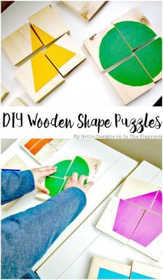 How to make your own DIY Wooden shapes puzzles. These are pretty simple, and so cute and fun! A great way to work on learning shapes with toddlers, and also colours Shapes Puzzles, Perlengkapan Bayi Diy, Wooden Shape Puzzle, Diy Toddler Toys, Diy Montessori Toys, Maluchy Montessori, Kerajinan Diy, Diy Montessori, Montessori Diy