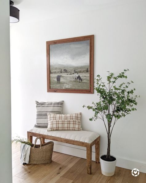 Bench Hallway Decor, Art Above Bench Entryway, Entry Way Bench With Floor Lamp, Entryway Bench With Photos, Korean Foyer Ideas Entryway, Entrance Bench With Big Mirror, Japandi Entryway Bench, Bench Against Wall, Entrance Nook